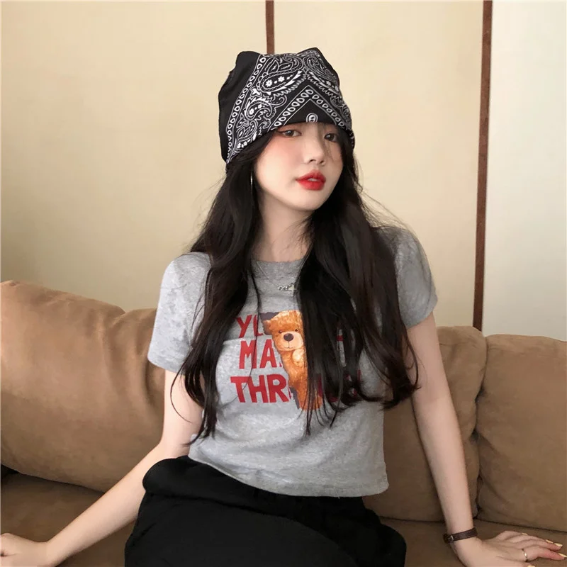 Uveng Uveng 2023 New Korean Letter Bear Print Short-Sleeved T-Shirt Women Slim Short Top Women's Wear