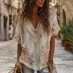 Women's Retro Boho Pink Floral Embroidered Art V-neck T-shirt - Image 2