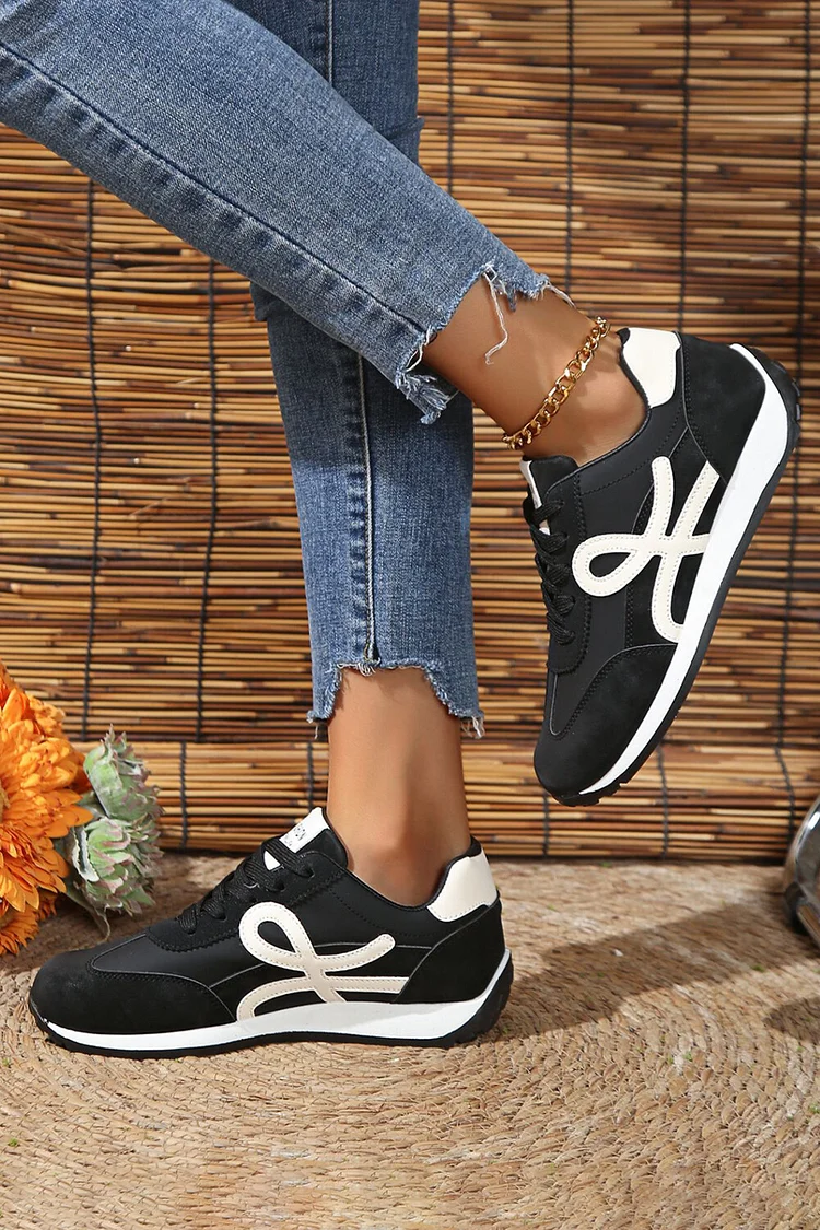 Round Toe Lace Up Color Block Patchwork Casual Sneakers