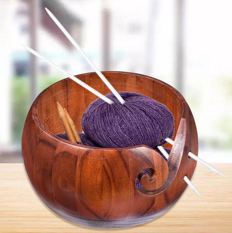 Handmade Wooden Yarn Bowl Wool Storage Bowl with Holes