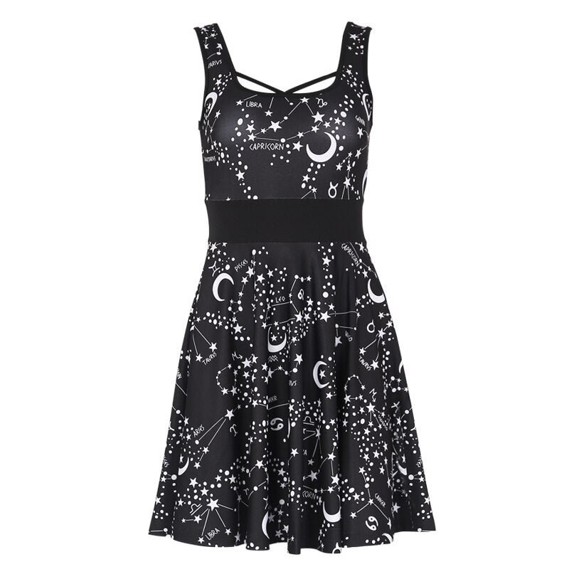 InstaHot Space Print Gothic Tank Strap Dress Women Sleeveless Square Neck Pleated Mini Dresses High Waist Summer Outfits Clothes