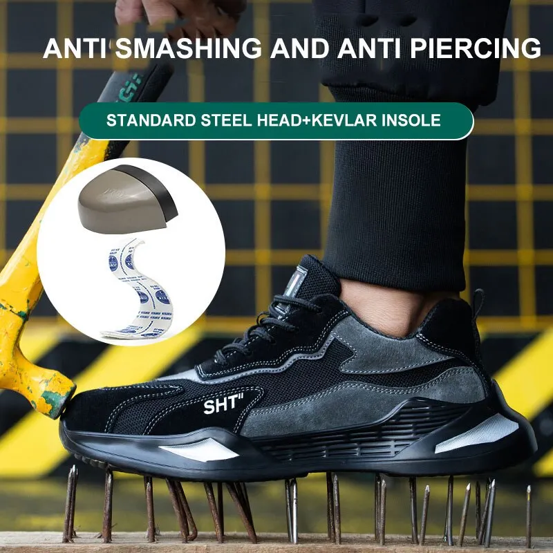 Fashion Style Men's Boots Steel Toe Breathable Safety Shoes Anti-Smashing Leather Upper Work Boots Outdoor Light Sports Sneakers