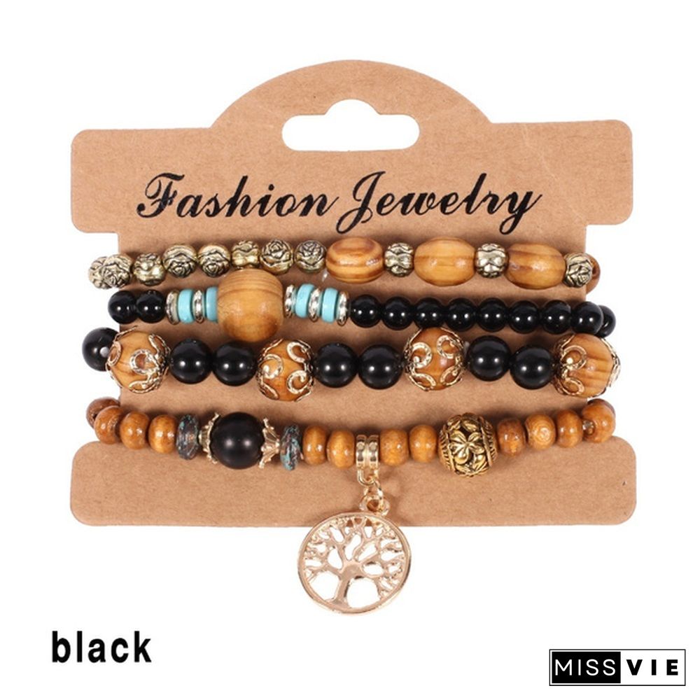 4pcs/set Wooden Beads Bracelet Multicolor Women Boho Bangles With Hollow-out Pendant