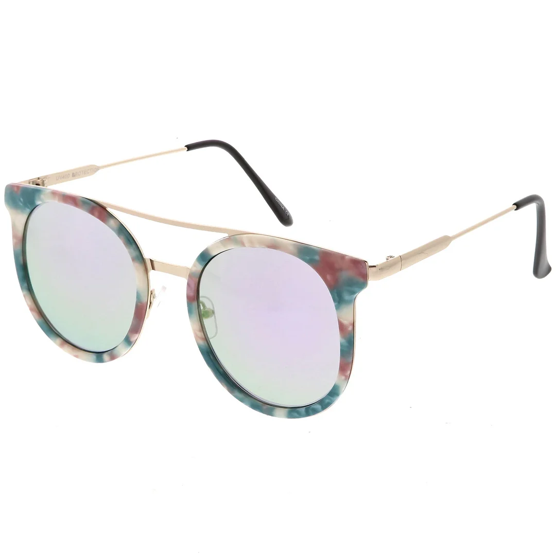 Modern Horn Rimmed glasses Sleek Double Nose Bridge Round Color Mirrored Lens 51mm