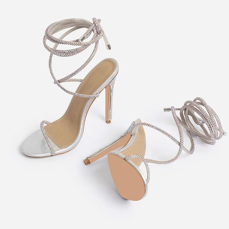 Silver Open Toe Rhinestone Strappy High Heel Sandals |FSJ Shoes