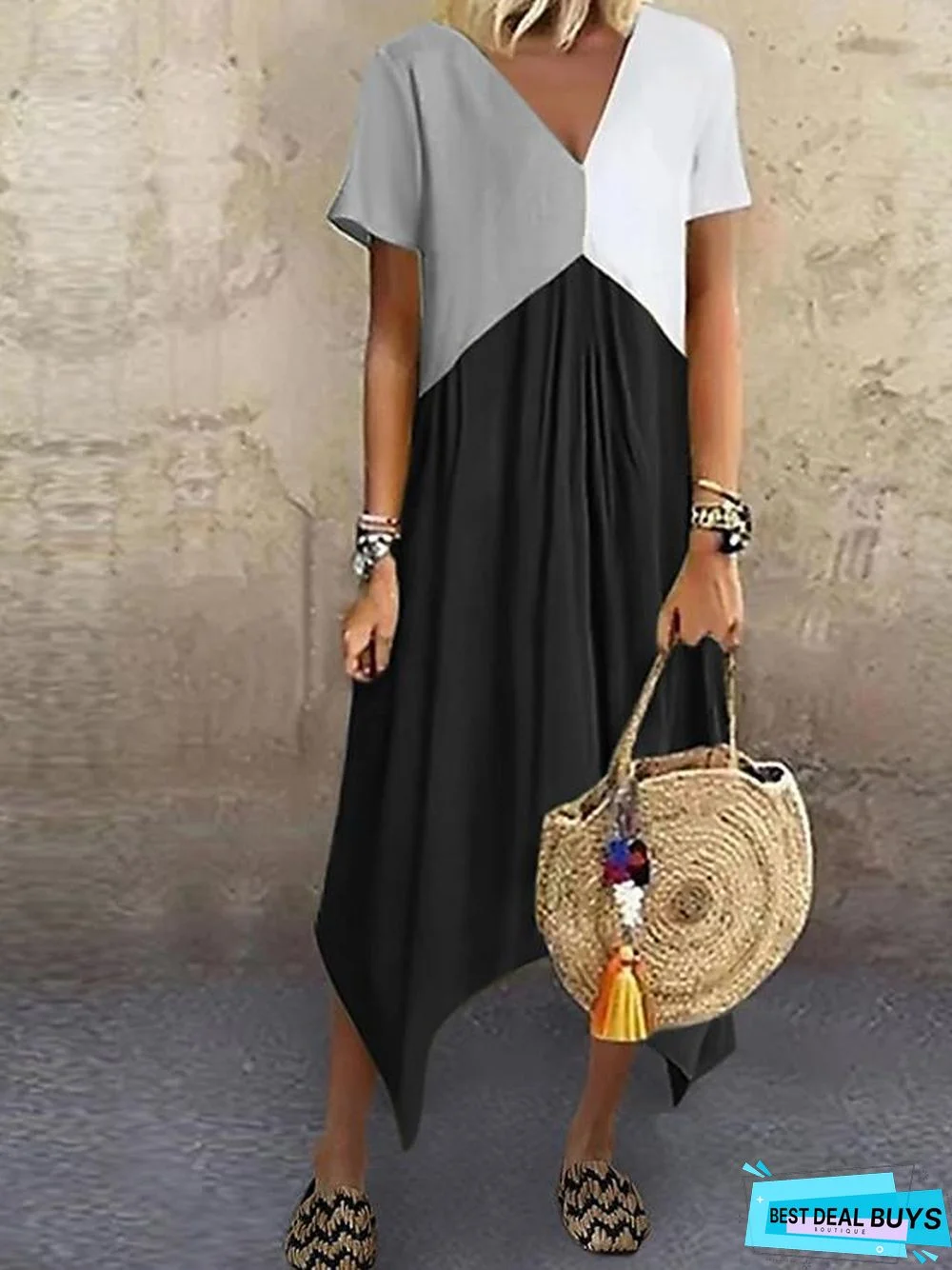 Women's A-Line Dress Midi Dress - Short Sleeve Color Block Color Block Spring & Summer V Neck Stylish Hot Red Green Gray Light Blue