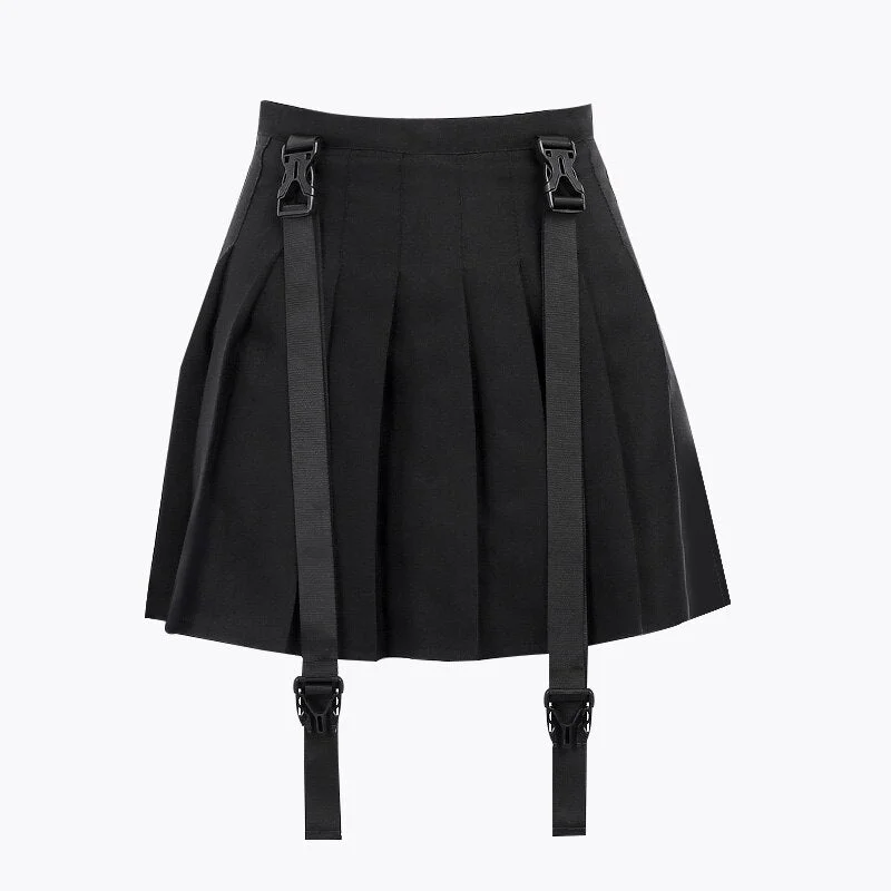 InsGoth Solid Black Pleated Streetwear Gothic High Waist Mini Women Skirts Harajuku Grunge Strap Skirt