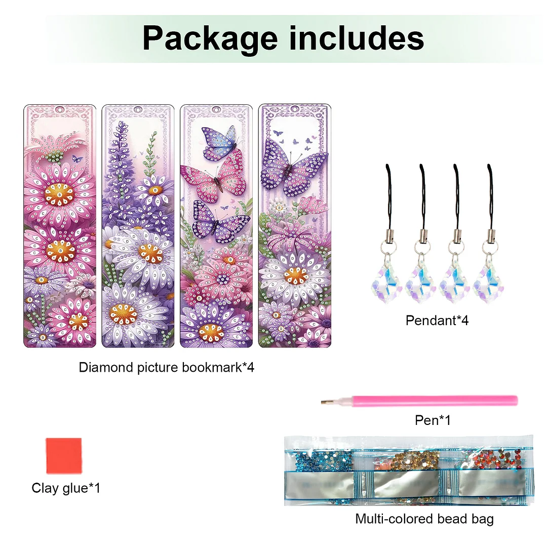 4Pcs Daisy and Butterfly DIY Diamond Bookmark Art Projects Irregular Shaped Diamonds Diamond Painting Art Bookmarks with Crystal Pendants for DIY Making Beginners Adult Art Craft Supplies