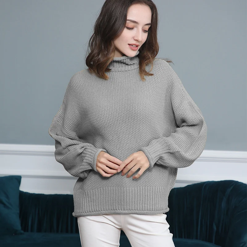 Mongw Mongw Style Women's Sweater Fashion Casual Women's Long Sleeve High Collar Pure Color Knit Pullover