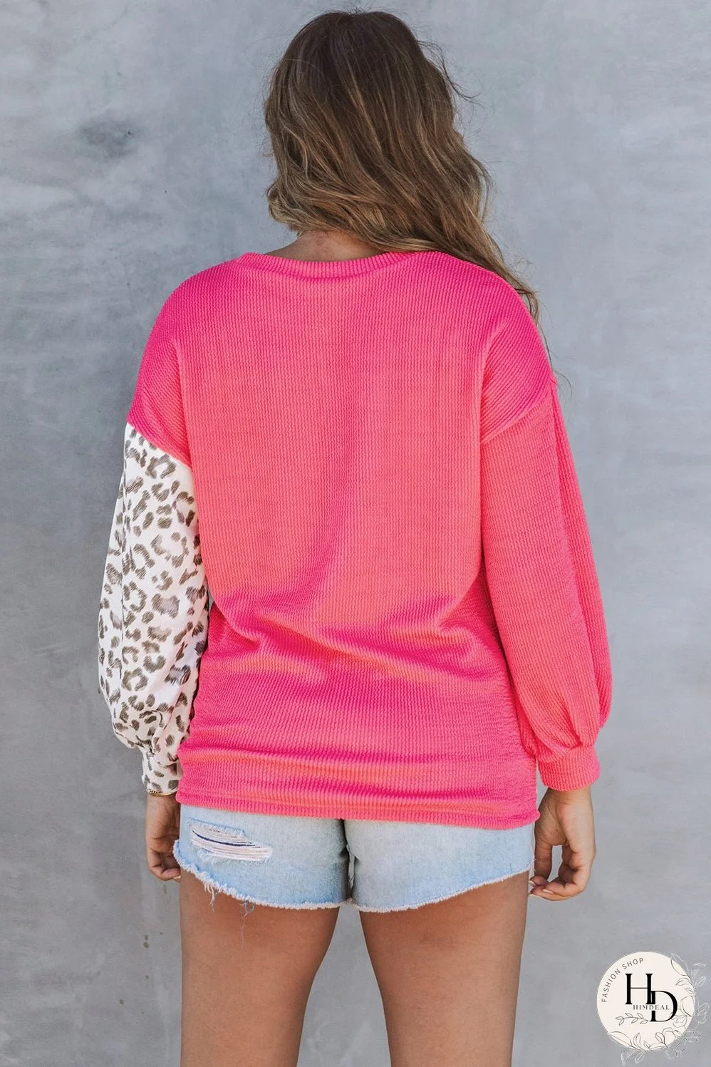 Pink Leopard Patchwork Color Block Ribbed Top