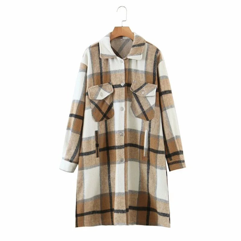 Stylish Women Khaki Plaid Long Woolen Jacket Female Fashion Turn-down Collar Coat Girls Chic Outerwear