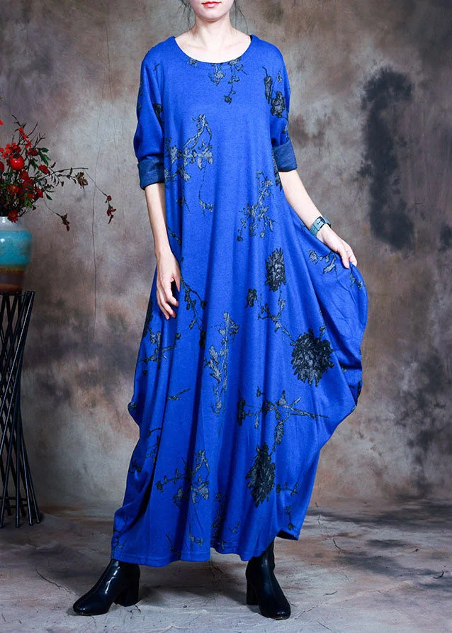 Fashion Blue O-Neck Print Cotton Maxi Dress