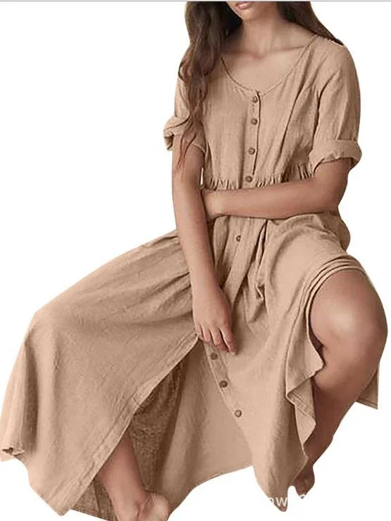 Plus Size Women's Casual Fashion Irregular Skirt Hem Cotton Linen Dress-Mayoulove