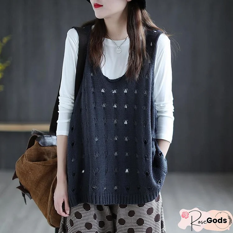 Sweater Vests Women O-Neck Hollow Out Baggy Vintage Sleeveless Jumpers Elegant Women's Vest Knitwear Comfortable Trendy