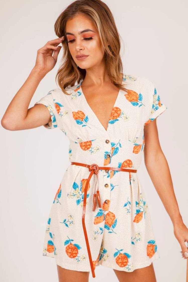 White Button Up Floral Playsuit Katch Me