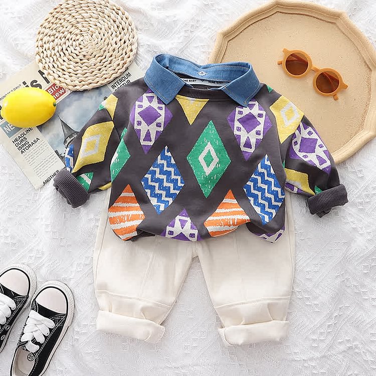 Toddler Boy Denim Collar Sweatshirt and Pants Set