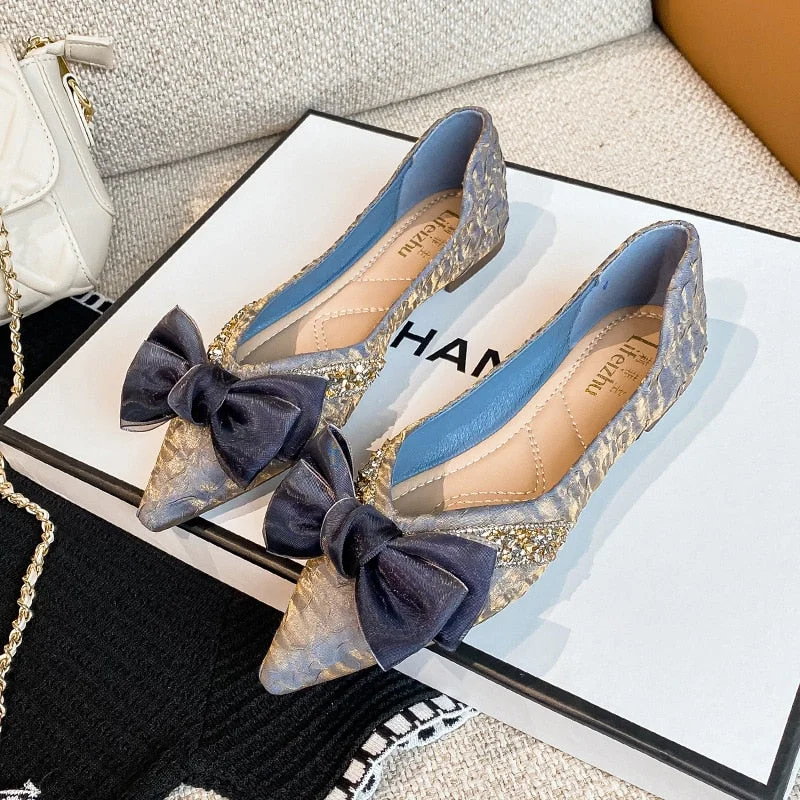 elegant laides lace bow flats pointed toe crystal glitter decoration ballerinas shoes woman silk pleated loafers big size 43