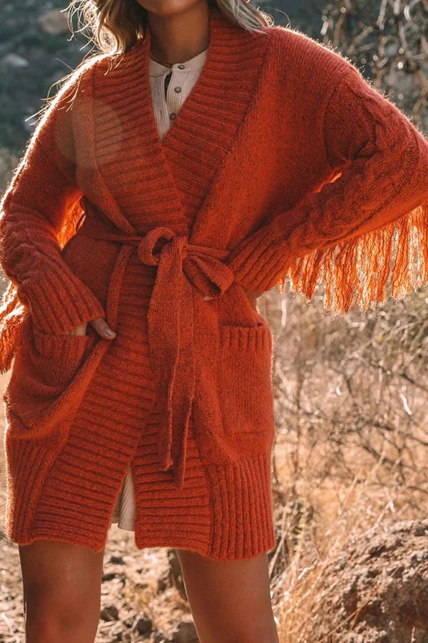 Orange Sleeve Fringed Sweater Cardigan