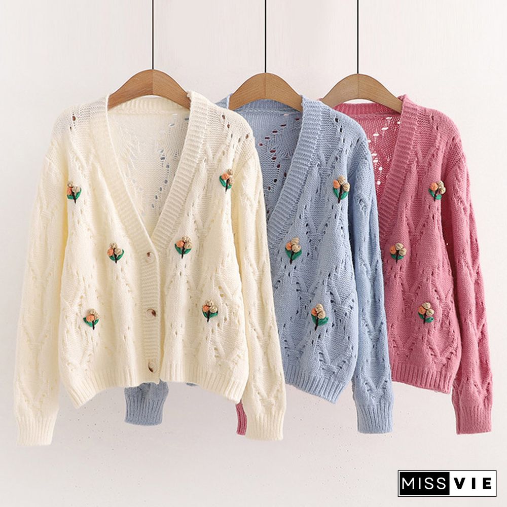 3D Blossom Decor Hollow Out V-neck Cardigan Sweater