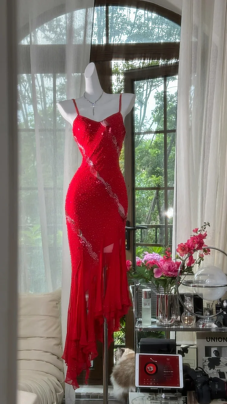 Red shiny beaded long chiffon ball gown evening dress party dress date dress prom dress
