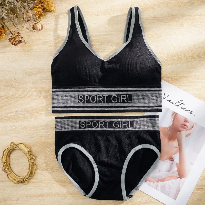 Meet'r Women's Sexy Sports Underwear Set Seamless Girl Comfortable Letter Bra Set Female Fitness Top Active Wear Lingerie Set