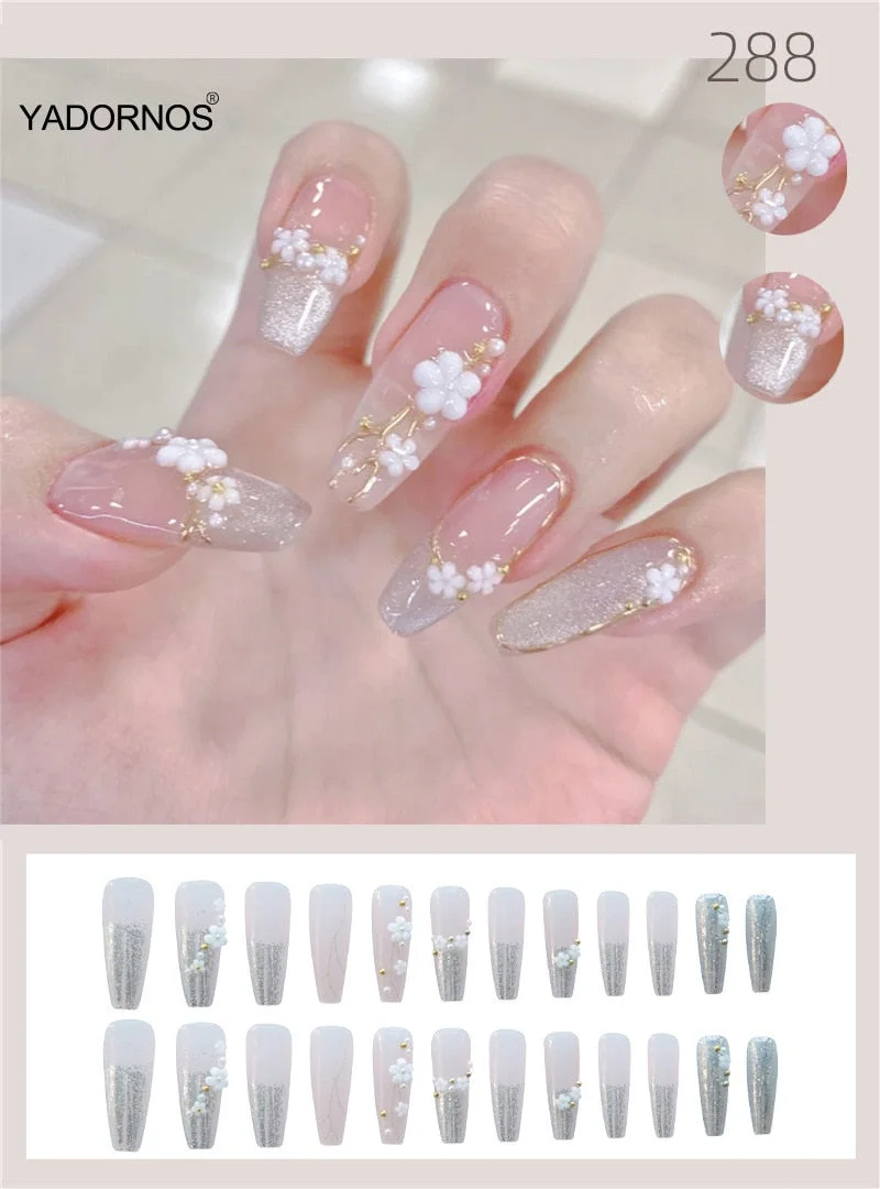 Japanese Nail Sticker Long Pointed Head Nails White Flower Print Nail Art Finished Nail Piece 24pcs Glue Type Best Gifts Ty-Nail Inspo