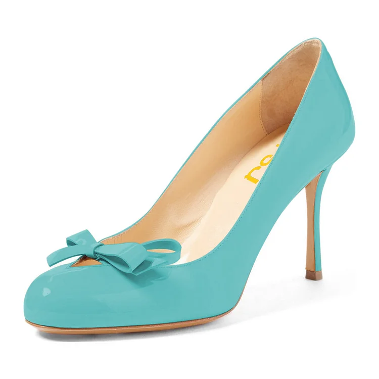 Turquoise Bow Heels Round Toe Pumps Shoes for Women |FSJ Shoes