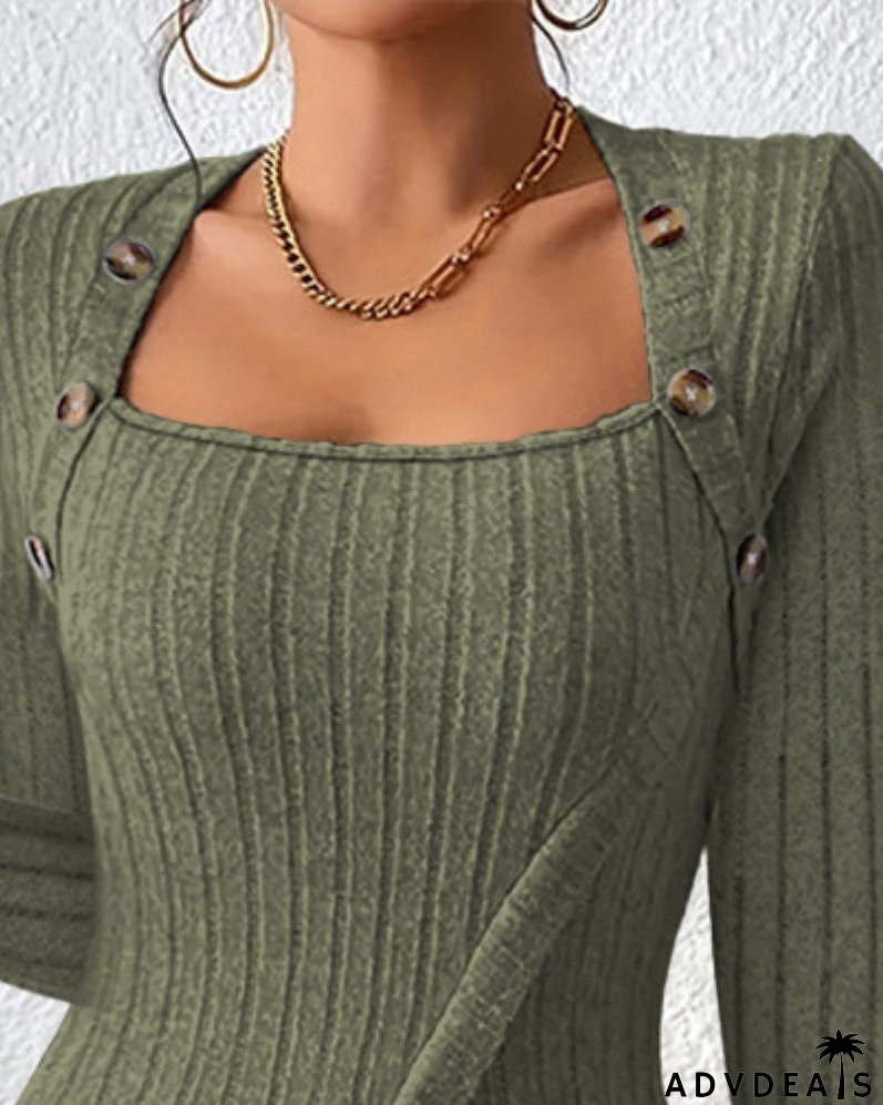 Buttoned Slit Asymmetrical Neck Knit Top