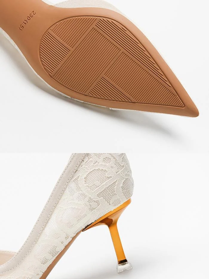 Side hollow pointed toe shallow mesh lace fashion stiletto heels