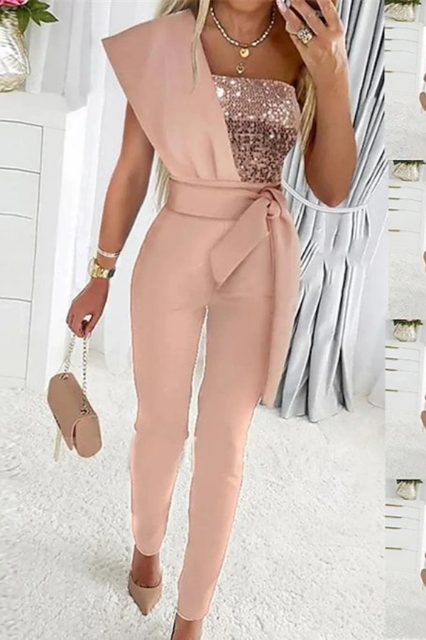  Chic Fashion Pink One Shoulder Jumpsuit with Sequins - ohprom