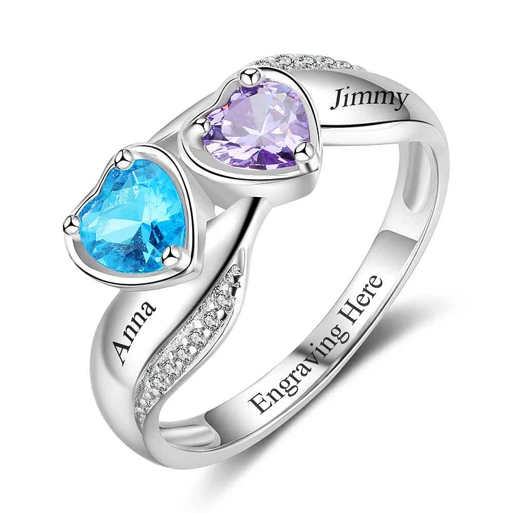 Promise Ring Personalized with 2 Birthstones Engraved 2 Names Unique Gift For Her