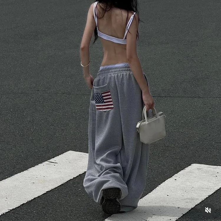 New Double Sided Gray Y2K American flag patch pocket casual pants loose sports street dance men women high street hip hop pants
