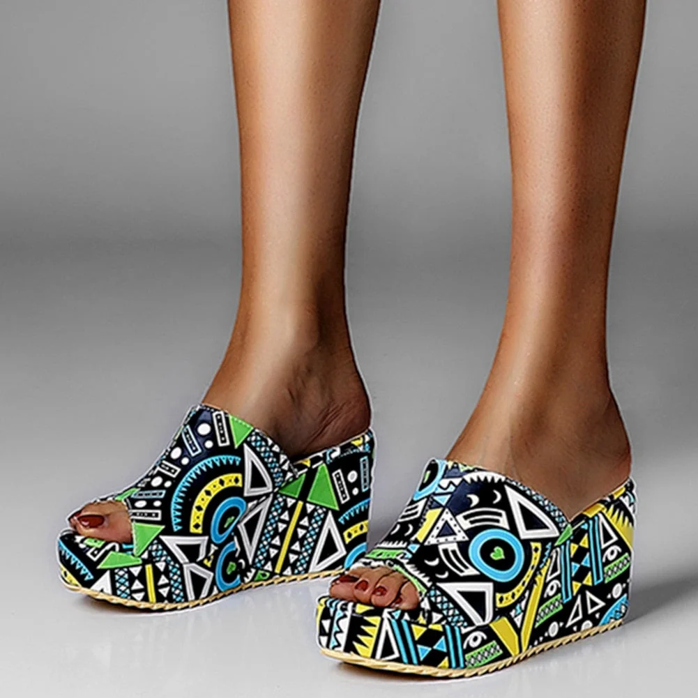 BONJOMARISA 2020 New Unique Geometric Platform Fashion High Heel Wedges Slippers Women Cool Colorful Summer Shoes Woman