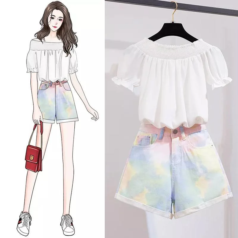 Fashion Off Shoulder Tee+Colorful Shorts P11615