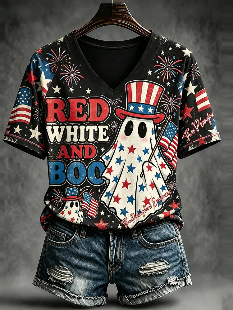 Comstylish Women's Vintage Halloween Ghost And American Elements Fun Print Casual V-neck T-shirt
