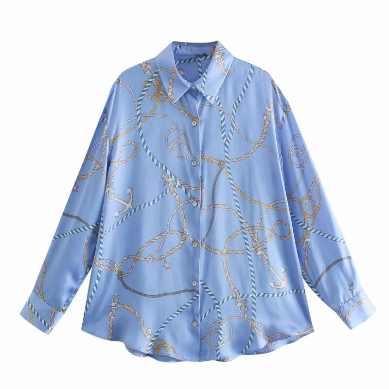 Summer Women Chain Printing Long Sleeve Shirt Female Turndown Collar Blouse Casual Lady Loose Tops Blusas S8990