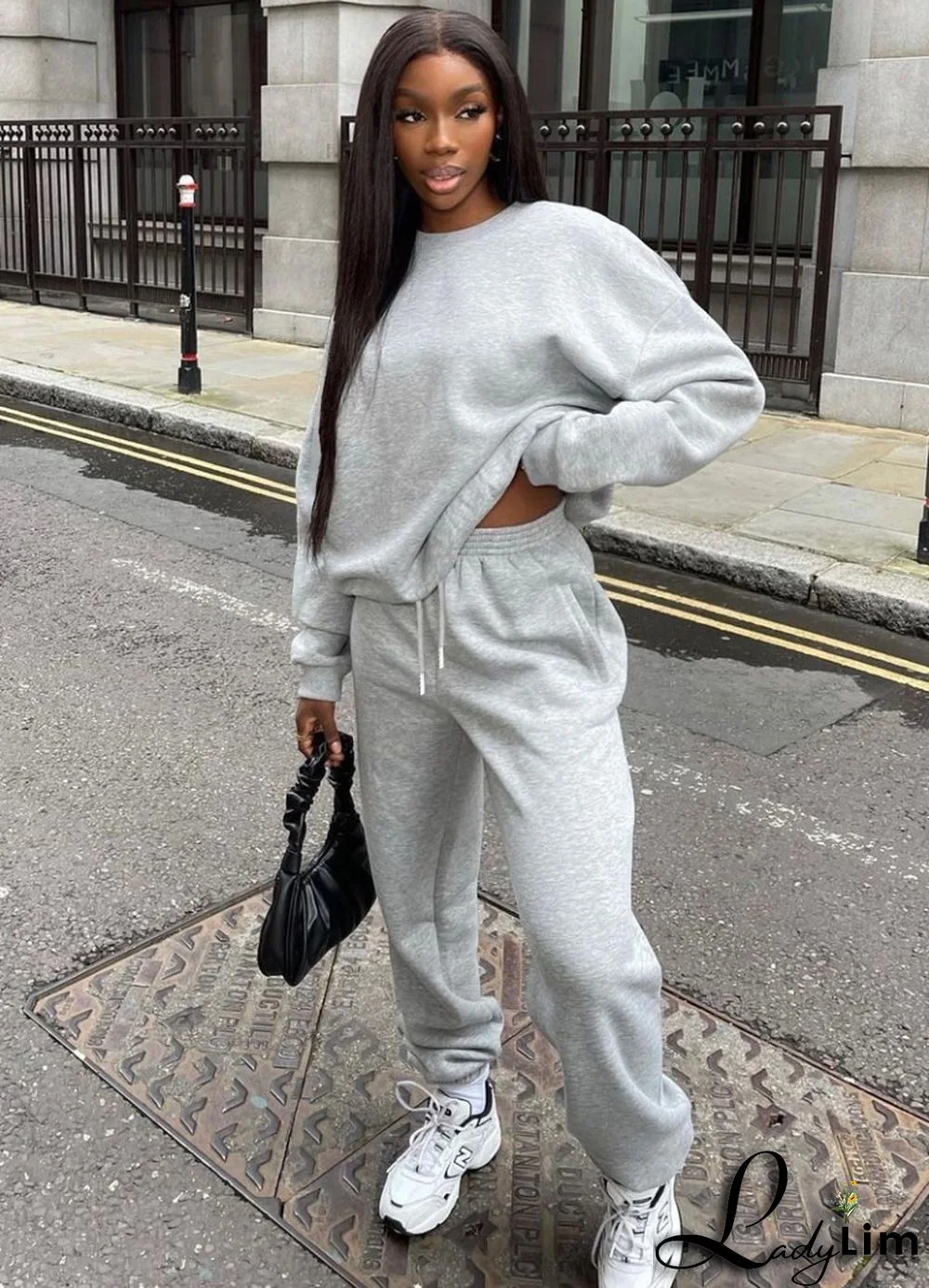 Winter Casual Gray Round Neck Loose Two Piece Sweatsuit