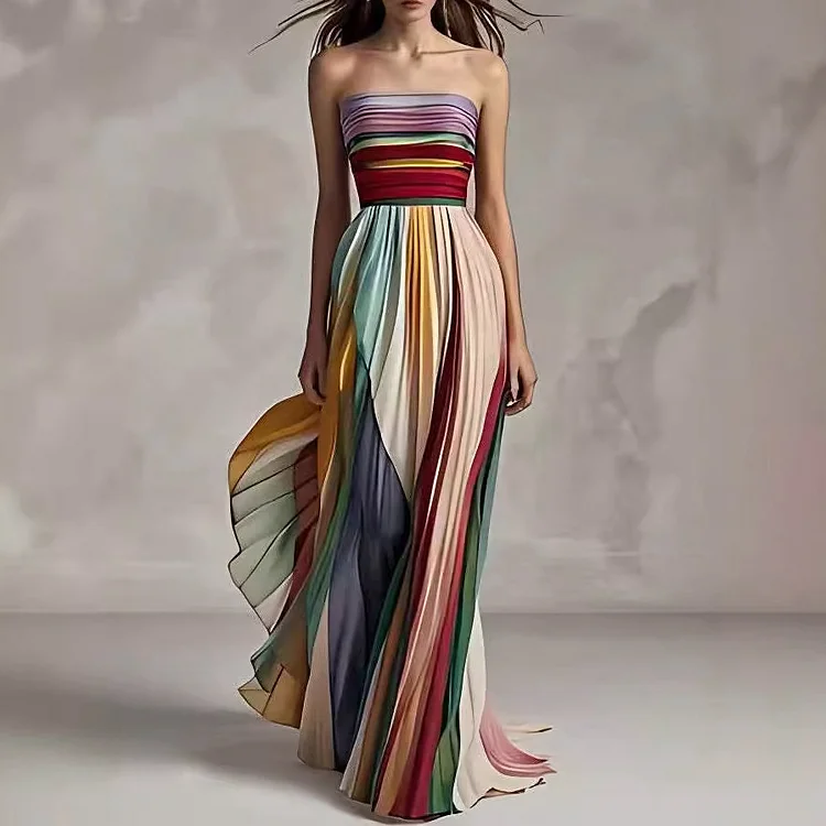 Casual Strapless Colorblock Pleated Maxi Dress