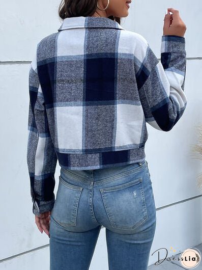 Plaid Button Up Drop Shoulder Cropped Jacket