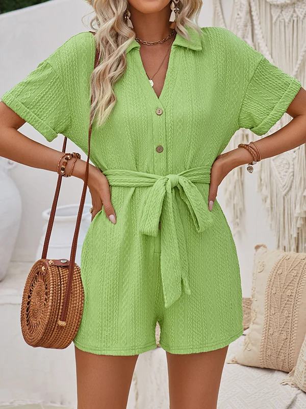 Buttoned Jacquard Solid Color Tied Waist Loose Short Sleeves Lapel Rompers