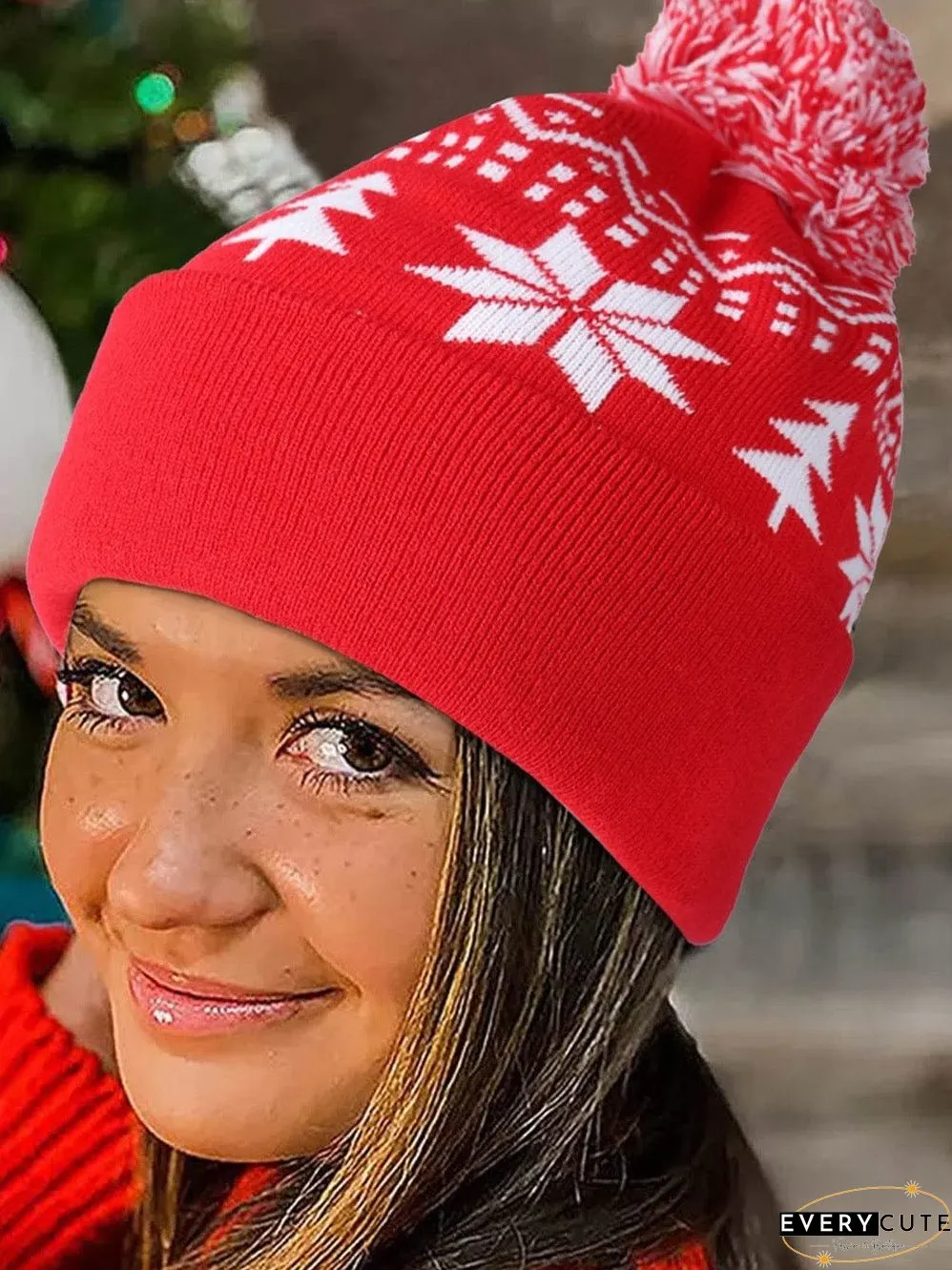 Christmas Red Geometric Pompom Beanie Hat with a Fiery Twist