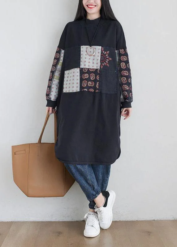 Stylish Black Turtleneck Print Loose Fall Floral Sweatshirts Dress