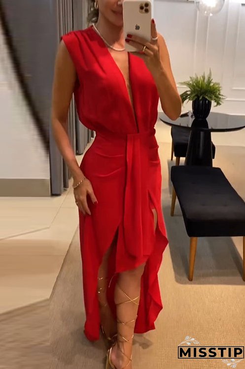 Deep V Neck Drape Front Sleeveless Swallowtail Maxi Party Dress