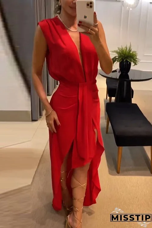 Deep V Neck Drape Front Sleeveless Swallowtail Maxi Party Dress