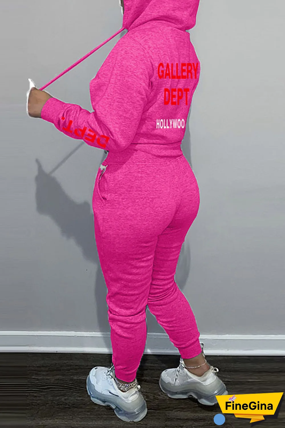 Brown Street Vintage Print Draw String Letter Hooded Collar Long Sleeve Two Pieces