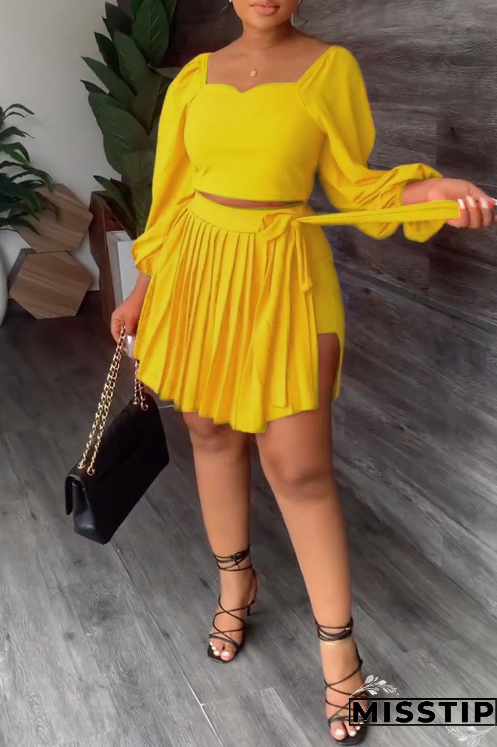 Black Casual Solid Bandage Patchwork Fold Square Collar Long Sleeve Two Pieces