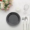 10 Pack | 8" Black / Silver Beaded Rim Plastic Dessert Appetizer Plates, Disposable Round Salad Party Plates