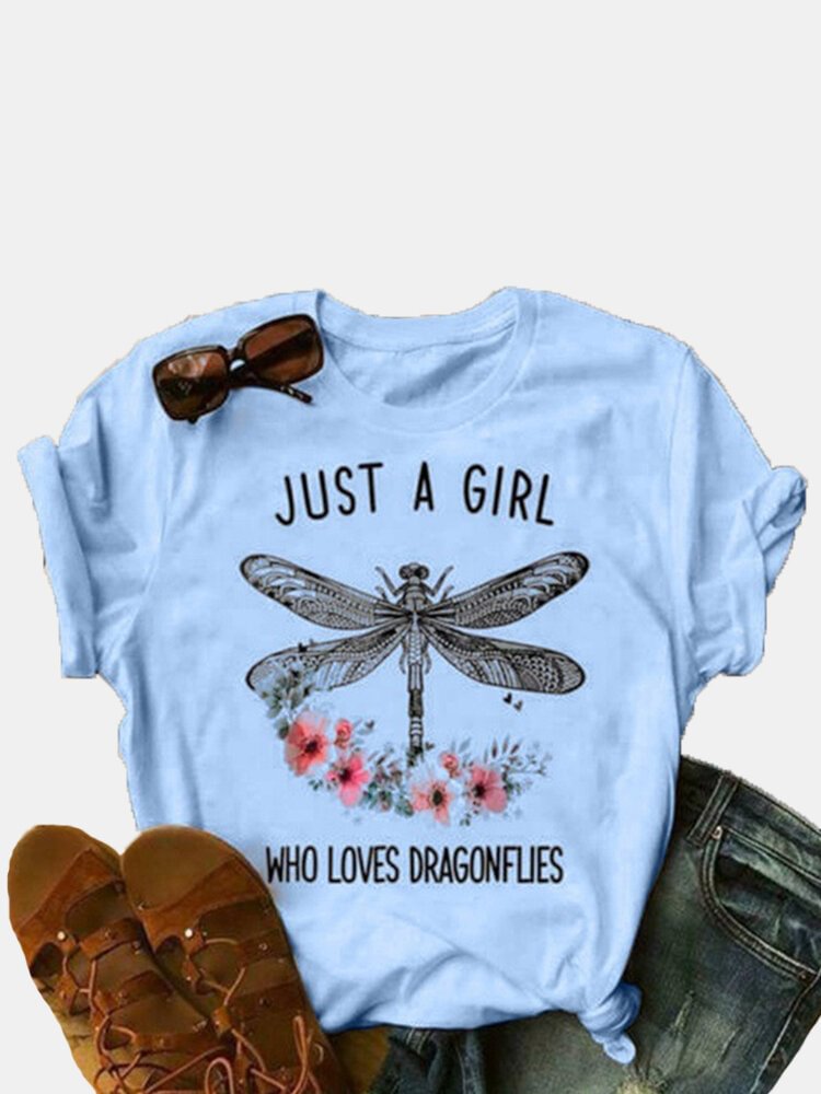 Dragonfly Printed Letters O Neck Short Sleeve T shirt P1709920