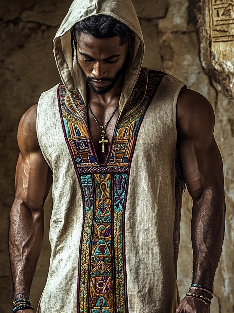 Comstylish Men's Ancient Egyptian Inspired Hooded Linen Vest