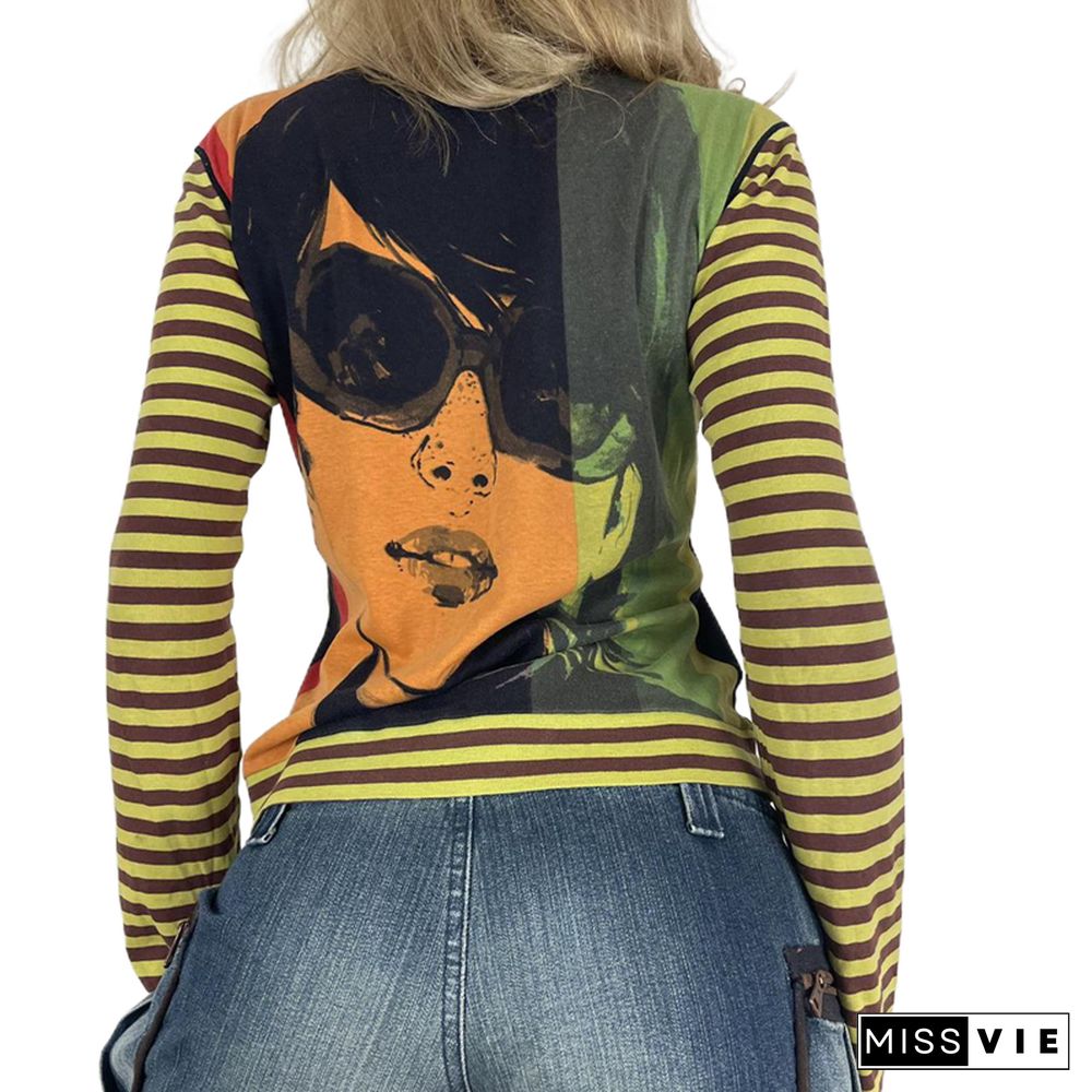 Grunge Punk Graphic Stripe T-shirt Mall Gothic Y2k O-neck Long Sleeve Tops Vintage Ladies Tshirt Spring Streetwear